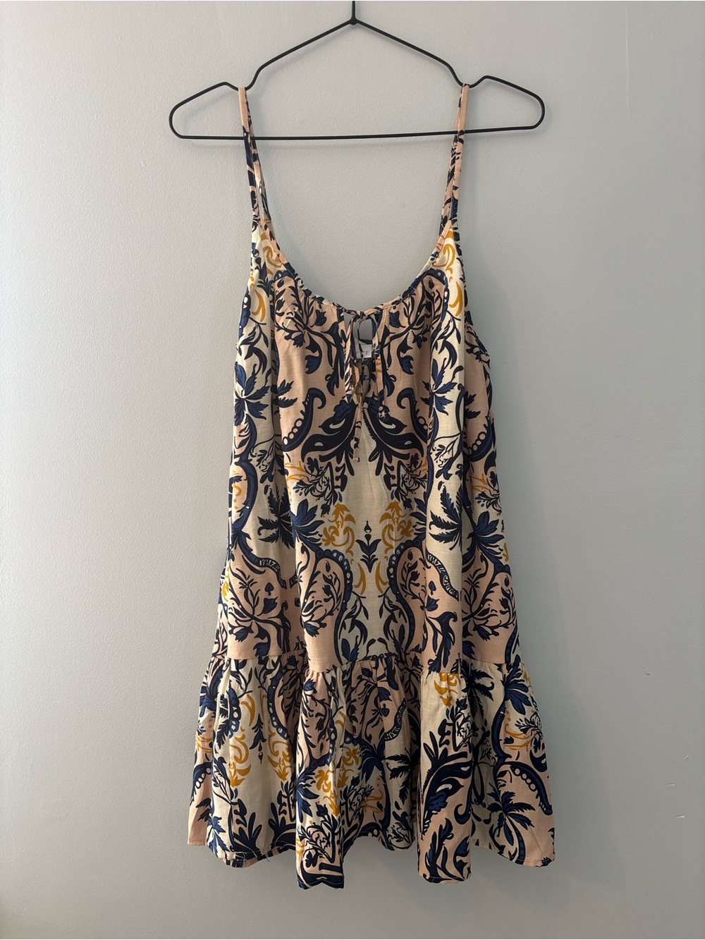 Dotti Beige Spaghetti-Strap Mini Dress with Navy & cream Print